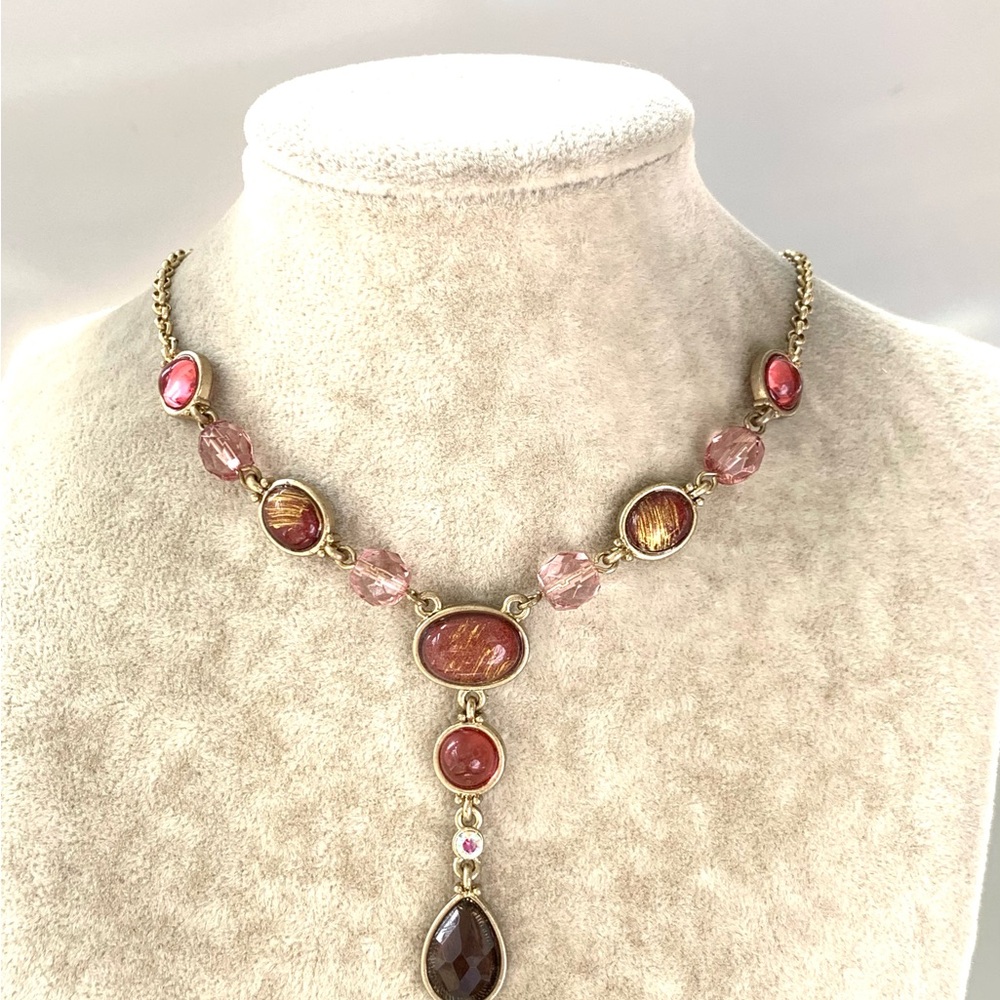 Avon Pink and Gold Drop Necklace with Faceted Pendant y2k